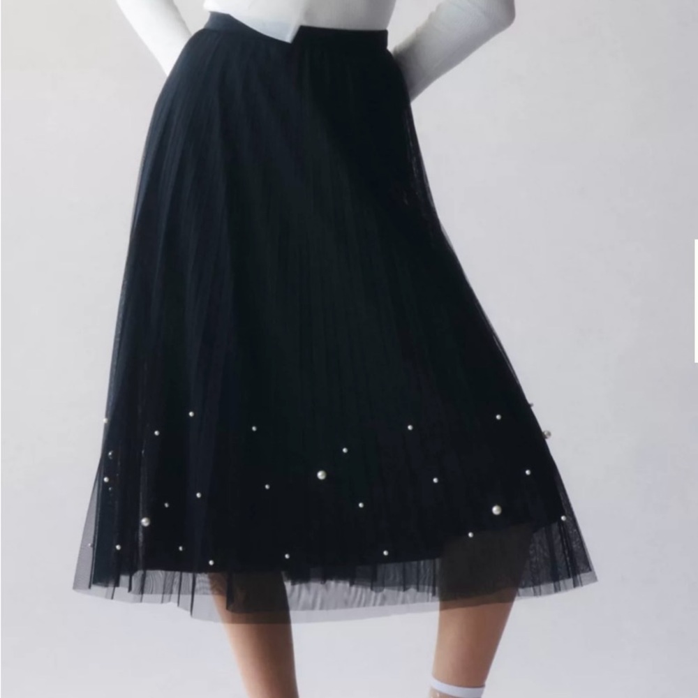 Black Tulle Skirt with Pearl Detail